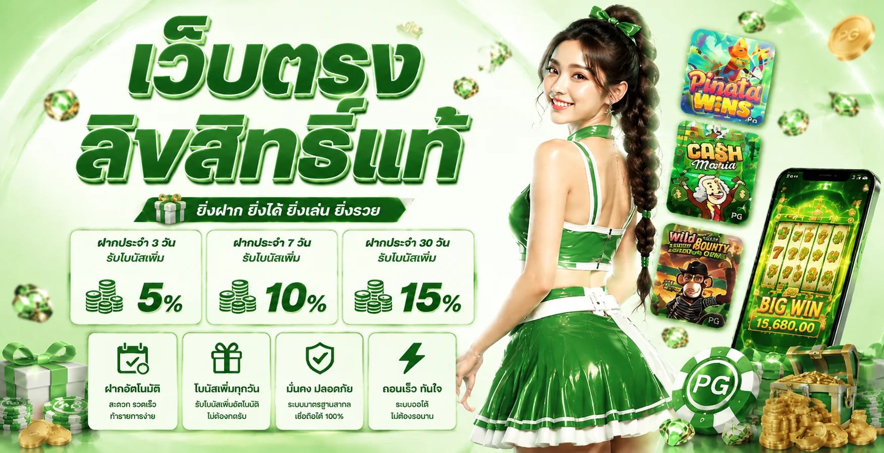 แบนเนอร์ศูนย์รวมเกม 168PGPLAY พร้อมมาสคอตนำโชค